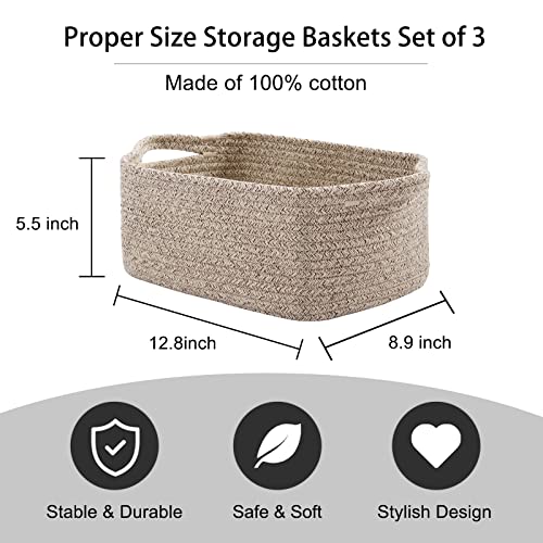 OIAHOMY Cotton Rope Baskets, Woven Baskets for Storage, Nursery Storage Baskets, Rectangle Storage Basket with Handles, Storage Baskets for Shelves, Pack of 3, Brown Variegated - color: Brown Variegated