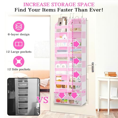 Over The Door Organizer 6 Tiers, Extra Large Behind Door Storage of 12 Compartments, 80 lbs Weight Capacity Hanging Storage Organizer with Clear Window Kids Toys,Shoes,Diapers,Room Storage,Pink - color: Pink - 6 Tiers