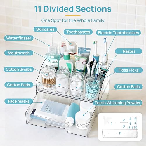 Vtopmart 6 PCS Bathroom Countertop Organizer, 1 Divided Tray with 4 Qtip Holder Jars and 1 Drawers, Restroom Clear Organizers for Toothbrush, Cotton Pads, Vanity Accessories Storage Set - color: Clear