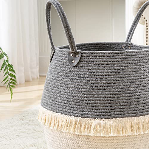 KAKAMAY Woven Baskets for Storage(17"x17"),Large Cotton Rope Woven Baby Laundry Hamper,Collapsible Laundry Basket, Blanket Basket for Organizing Living Room,Nursery,Pillows,Toy Chest(Grey) - color: Grey Fringe