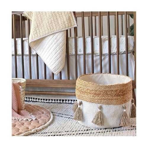 Crane Baby Boho Safari Nursery Decor Baby Storage Bin, Cotton & Jute Collapsible Fabric Basket Organizer, 13X12 Jute 13 X 12 Inches Beige - size: 13 x 12 Inches, style: Jute