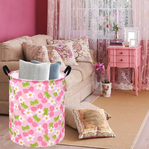 KUNRO Kids Laundry Hamper Clothes Gift Basket Storage Laundry Baskets Organizer Bin with Handles for Nursery Room (Pink Cherry) - color: Cherry