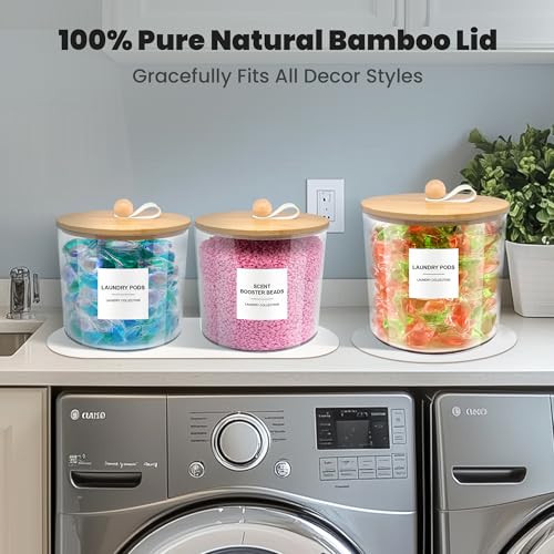 3 Pack Laundry Pods Container,Laundry Room Organization and Storage Jars,Laundry Detergent Container for Powder,Pods,Scent Booster,with Non-Slip PU Leather Pad and Handle,Bamboo Lids,Labels and Scoops - size: 3 Pack