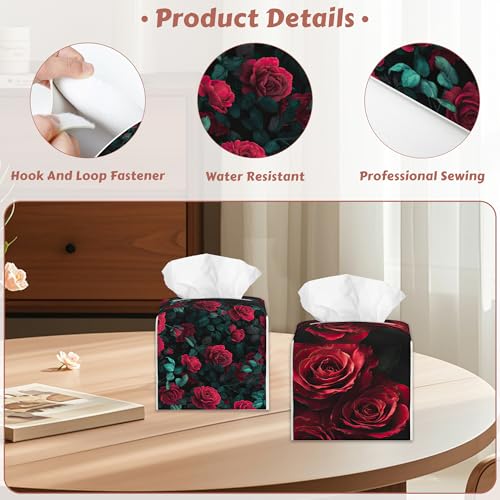 Tissue Box Cover - Red Rose Flower Tissue Holder,Modern Floral Square Tissue Box Holder Leather Facial Paper Case Modern Home Decoration for Bathroom Kitchen Bedroom Night Stands, 2 Pcs - color: Red Rose Flower