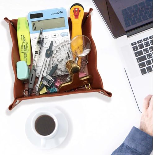 Valet Tray for Men Women - PU Leather Travel Catchall Tray Organizer - Desk Bedside Nightstand Storage Box for Jewelry Key Phone Remote Controller Wallet Watch Glasses Coin Readers -Brown - color: Brown