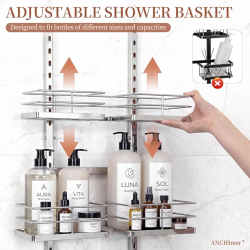 Adjustable Hanging Shower Caddy for Handheld Showerhead, 3-Tier Rustproof Shower Rack Baskets, Anti-Swing Hanging Shower Organizer for Bathroom Storage with 2 S-Hooks, Large Capacity, Silver - color: 3-Tier Silver