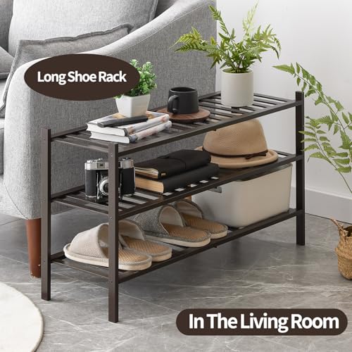 Long Shoe Rack, 3-Tier Bamboo Stackable Shoe Shelf Storage Organizer, Shoe Stand for Closet, Entryway and Hallway - color: Brown, size: 3-Tier-Long