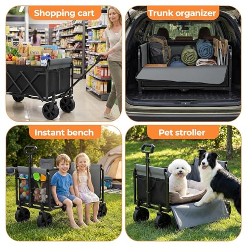 3-in-1 Portable Collapsible Wagon, Foldable Cart with Removable Side, Utility Groceries Wagon Cart for Dogs Pets Shopping Camping Beach Sports Gardeing Fishing, Black - size: 120L