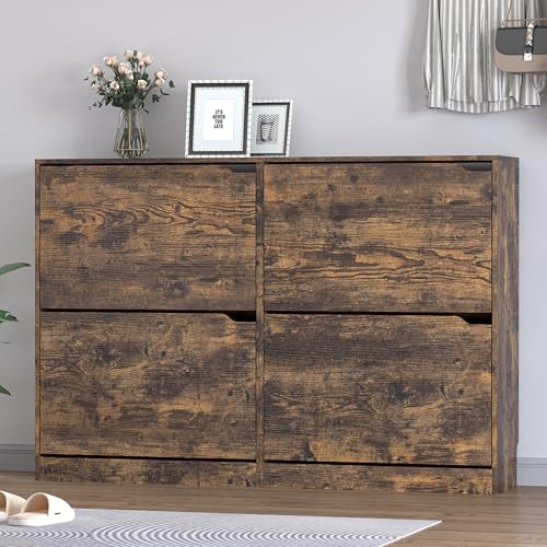 BORNOON Shoe Cabinet with 4 Flip Drawers, Narrow Hidden Shoe Storage Cabinet, Slim Freestanding Shoe Rack Organizer for Entryway, Hallway, Bedroom, Living Room - color: Brown, size: 4 Drawers