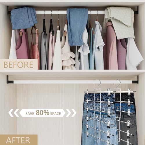Pants Hangers with Clips,Space Saving Hanging Closet Organizer-6 Tiers Skirt Hangers with 360° Swivel Hook,Closet Organizer-Clothes Hangers- College Dorm Essentials Apartment Essentials- 4 Pack - size: 4 pack