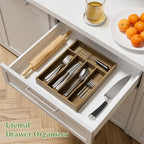 Kiasthome Acacia Wood Silverware Drawer Organizer, Kitchen Utensil Cutlery Drawer Organizer with Grooved Dividers, Flatware Organizer Silverware Tray Holder for Spoon, Fork, 11''x13.8'' (5 Slots) - size: 5 Slots