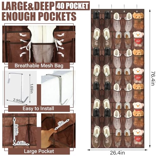 Windyun 40 Over the Door Shoe Organizer Large Breathable Mesh Pockets Hanging Shoe Rack for Closet Brown Behind Door Hanger Storage Holder Nonslip Hooks for Women Men Entryway Bedroom Utility Room - color: Brown
