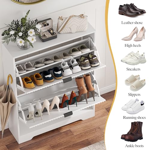 HUANLEGO Shoe Cabinet Storage for Entryway with 2 Flip Drawers, White Fluted Shoe Cabinet with Open Storage, Wooden Hidden Shoe Rack Freestanding Narrow Slim Shoes Organizer for Hallway, Entrance - color: White, size: 2 Drawer