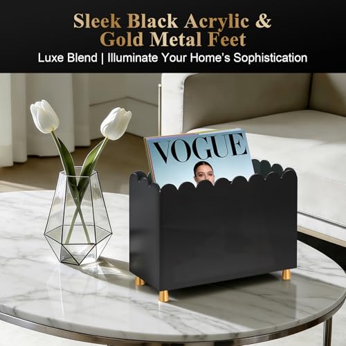 Acrylic Magazine Holder, Magazine Rack Floor,Sleek Black Stylish Organizer with Luxe Gold Metal Feet and Wave Edge Design Space Saving Storage for Books Newspapers Office Supplies,Home Office(Black) - color: Black
