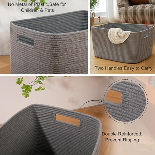 OIAHOMY XXLarge Rectangle Blanket Basket-96L, Cotton Woven Basket for Storage, Dirty Clothes Basket for Living Room, Nursery, Bedroom, Toy Organizing with Handle, 24" x 16" x 15", Dark Grey - color: Dark Grey, size: 24”x16”x15”