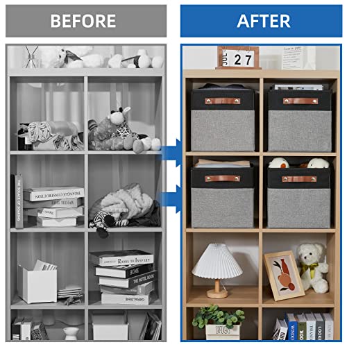 Temary 11 x 11 Cube Storage Bins Fabric Storage Cubes for Shelf, Closet, 4 Pack Cube Basket for Clothes, Storage Cube Bins with Leather Handles(Black&Grey) - color: Black&Grey, size: 11×11×11