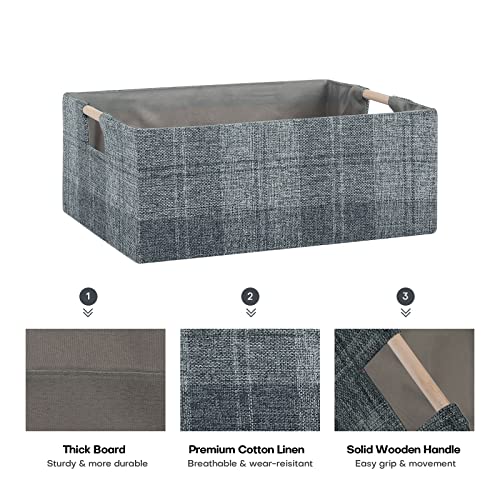 Fabric Storage Bin Box Collapsible Cotton Linen Storage Cube with Wooden Handles Rectangular Decorative Home Organizer Clothes Blanket Basket– Dark Gray Plaid, Medium - color: Dark Gray Plaid, size: Medium