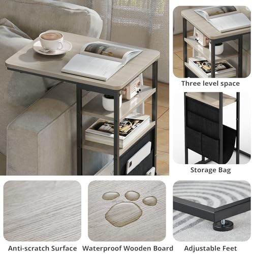 C Shaped End Table 28"(H) 3-Tier C Table with Storage Bag, Under Couch Table C-Shaped End Table with Storage Shelves and Bag for Living Room, Bedroom, or Office - color: Oak, size: Wood