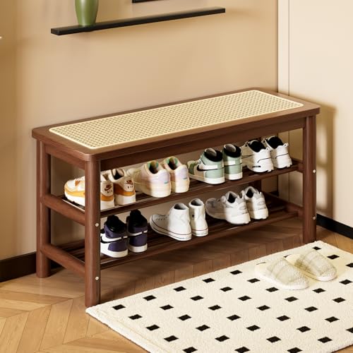 Bamboo Entryway Bench with Woven Rattan Seat, 2-Tier Shoe Storage Bench for Hallway & Entryway 31.5 inches Walnut - color: Walnut, size: 31.5 inch