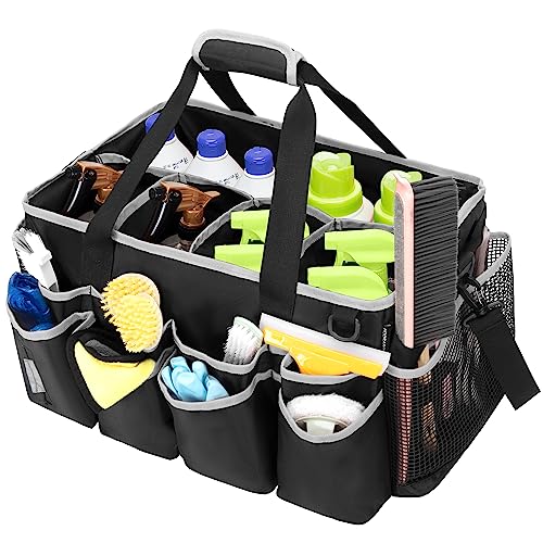 HODRANT Extra-Large Wearable Cleaning Caddy, Organizer Bag for Products, Housekeeper Tote With Pad, Handle & Divider, Car Wash Tools Bag for Detailing Supplies, Gray Edge - color: Black with gray edge