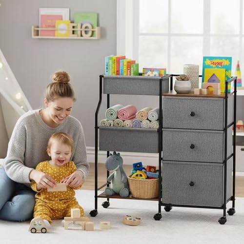 PandaEar Baby Diaper Caddy Organizer and Storage, 3-Tier Rolling Nursery Cart with Drawers & Dividers, Mobile Utility Storage Cart with Wheels for Baby Essentials, Bedroom, Changing Table, Darkgrey