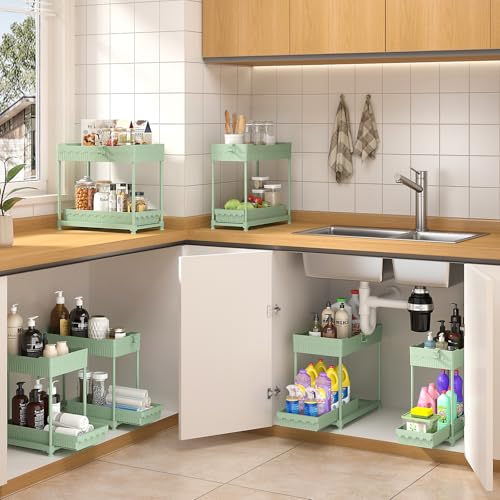Sevenblue Under Sink Organizer, Bathroom Organizers and Storage, 2 Tier Multi-Use Pull Out Cabinet Organizer with Hang Hooks and Cups (Green, 4 Pack) - color: Green, size: 12.8 Inch