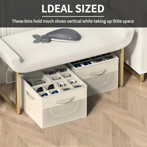 Aokeyee Shoe Organizer for Closet,2 Pack Foldable Shoe Storage Organizer Box Bin with Adjustable Dividers and Clear Cover, Fits up to 16-32 Pairs - color: Beige, size: 2 PCS