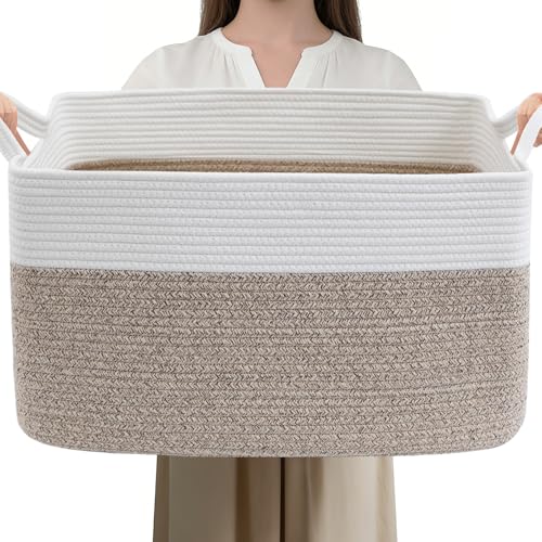 Large Blanket Basket,Woven Rope Basket Storage Bin with Handles,65L Rectangle Laundry Basket for Magazines,Toys,Clothes,Newspaper Shelf Organization,Nursery and Living Room,White & Brown - color: White & Brown, size: 21"x16"x12"(65L)