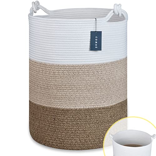 COMSE Extra Large Blanket Basket, Tall Woven Storage Basket, Nursery Hamper, 15.7”x 21.7”, Cotton Rope Laundry Hamper for Toys Clothes Towels, White/Gradient Brown - color: White & Gradient Brown