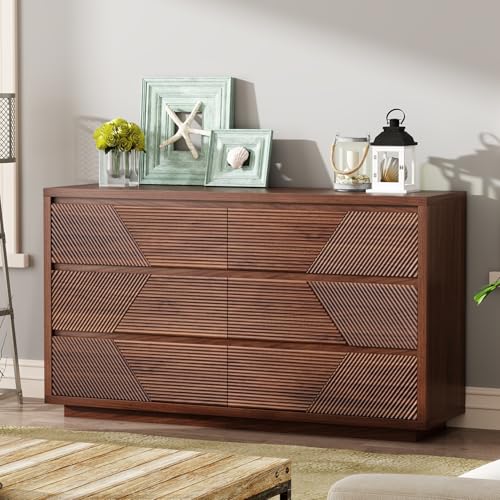 Ieejdn 55.12" Modern Chest of Drawer, 6 Deep Drawers,Clothes Organizer,Large Storage Cabinet for Living Room, Bedroom,Dresser TV Stand, Wood Drawer Organizer for Living Room, Hallway, Umber