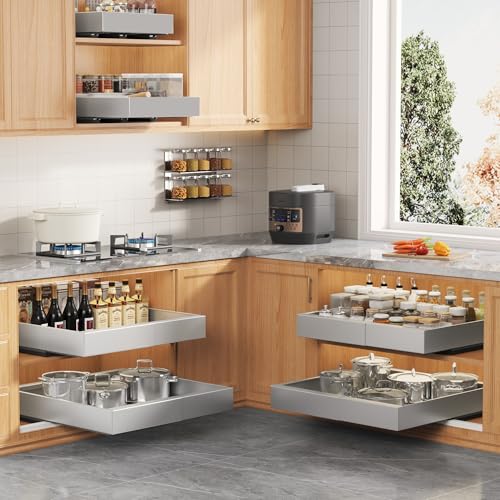 Seinloes 2 Pack Expandable Width (9"-14.1") Pull Out Cabinet Organizer 21" Deep with Raising Pad for Framed Cabinets, Upgrade 3 Slide Rails Slide Out Drawers, Roll Out Shelves Adhesive, Silver - color: Silver, size: 21"D x 9"-14.1"W(2Pack)