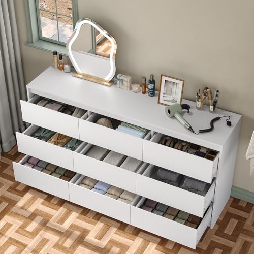 Furniouse Modern 9 Large Storage Drawers Dresser for Clothes Organizer, White Modern Chest of Drawers for Closet, 60" Long Drawer Organizer Cabinet for Bedroom,Living Room,Entryway,Hallway - size: 15"D x 59.1"W x 31.5"H (9 Drawers)