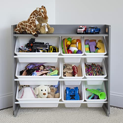 Humble Crew Toy Storage Organizer with Top Shelf and 9 Removable Bins, Grey/White – Toddler Bookshelf with Toy Organizer - Modern Toy Rack Ideal for Kids' Rooms, Playrooms, and Nurseries - color: Grey/White