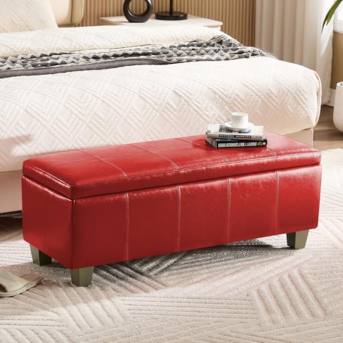 WUTUTUEE 41" Faux Leather Storage Ottoman, Stitch Tufted Rectangle Upholstered End of Bed Storage Bench, Entryway Large Couch Ottoman with Wooden Legs,Red - color: Red, size: 41 Inch