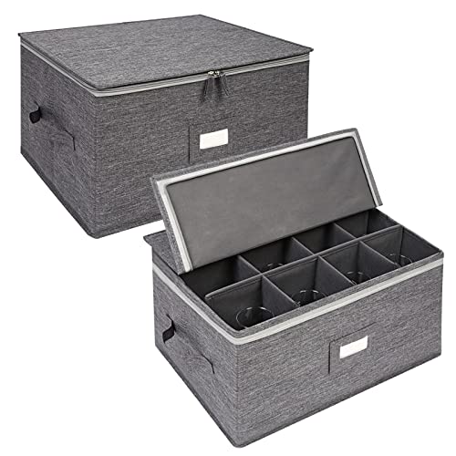 popoly Stemware Storage Containers (2 pack), Wine Glass Storage Box with Dividers for Glassware or Crystal, Holds 12 Red or White Wine Glasses, Hard Top and Stackable (Grey) - color: Grey 2PACK