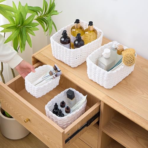 4PCS Woven Storage Baskets Set, Small Baskets for Organizing, Square Handwoven Paper Rope Organizer Bins for Shelves and Home Storage (White) - color: white