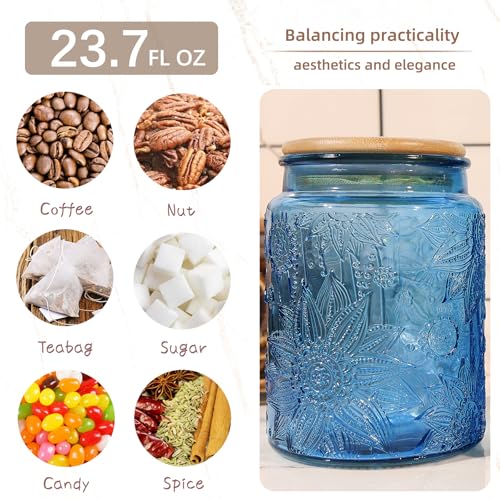 Custde Blue Vintage Glass Candy Jar with Airtight Bamboo Lid, 23.7oz Kitchen Storage Canister for Sugar, Coffee, Tea, Cookies, Bath Salt - Decorative Mason Jar for Pantry & Counter(Blue, 23.7 fl oz) - color: Blue, size: 23.7 fl oz