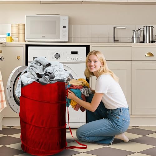 BATTOO Collapsible Laundry Baskets- Foldable Hamper for Laundry Extra Large Pop Up Laundry Hamper 107L with Long Straps Drawstring Clothes Hamper for Bathroom, Campout, Dorm or Travel Red - color: Red, size: 17.5"x27"