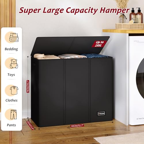 195L Laundry Hamper 3 Section,Large Laundry Hamper with Lid,Dirty Clothes Hamper with 3 Inner Bags,Collapsible Laundry Basket Organizer for Laundry Room,Bedroom,Laundry Sorter Hamper 3 Compartment - color: Black, size: 195L