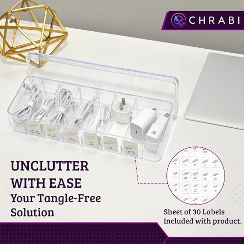 Set of 3 Cable Organizer Box W/Labels - Charger Box, Stackable W/Lids-Cord Organizer Junk Drawer- Cord Storage Box for Desk -Cable Organizer case