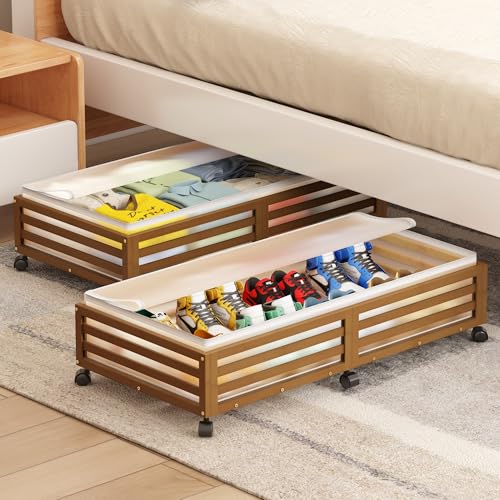 Under Bed Storage Containers With Wheels - 2 Pcs Large Bamboo Wood Rolling Underbed Shoe Storage Bins With Dust Bags for Clothes Blankets, Duvet Covers Snacks Toys (Walnut) - color: Brown, size: L