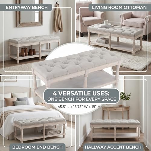 chairus Shoe Rack Bench Storage Vintage Bedroom Padded Bench Seat End of Bed, Fabric Tufted Farmhouse French Entryway Bench with Wood Legs for Hallway Foyer, Beige - color: Beige, size: 45.5 Inches Seat