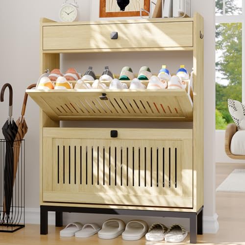 2-Door Flip Front Shoe Cabinet with Adjustable Shelves – Hidden Entryway Storage Organizer for Hallway, Foyer, Living Room – Freestanding Wooden Shoe Rack with Large Capacity & Modern Design, Natural - color: Natural Oak, size: 9.45"D x 31.4"W x 43.4"H