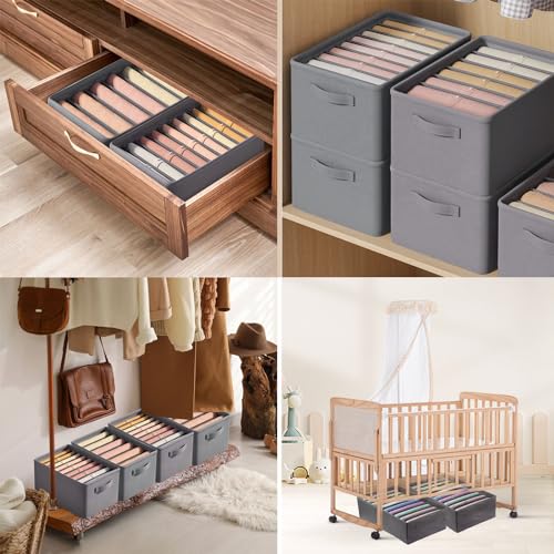 Ohlove 4Pcs Large Wardrobe Clothes Organizer, 6/9 Grids Foldable Jeans Closet Drawer Organizer Storage Box with Handles for Pants, T-shirts, Sweater, Scarves, Bras (17.3"x11.8"x7.9")