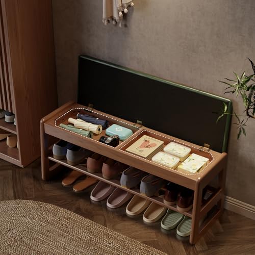 AQIMUELE Shoe Rack Bench,2 Tiers Shoe Bench with Storage with Flip-Top,Wood Shoe Rack for Entryway,Hallway（Green Upholstered Seat,11.8" D x 39.3" W x 15.7" H） - color: Green Upholstered Seat, size: 11.8"D x 39.3"W x 15.7"H