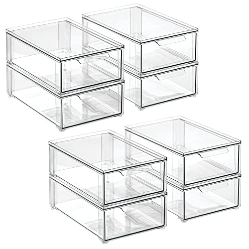 mDesign Plastic Stackable Bathroom Storage Organizer Bin with Pull Out Drawer for Cabinet, Vanity, Shelf, Cupboard, Cabinet, or Closet Organization - Lumiere Collection - 8 Pack - (Clear, 8 x 12 x 4) - size: 8 x 12 x 4 (Pack of 8)