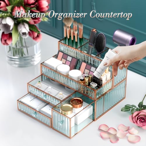 Makeup Organizer Countertop - Tempered Glass Vanity Organizer for Cosmetics, Skincare, Hair Tools, Brushes, Perfume - Multipurpose Bathroom Counter Skincare Organizer - color: green