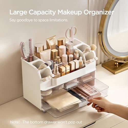 HBlife Makeup Organizer for Vanity with Brush Holder, Large Bathroom Countertop Cosmetic Organizer Skin Care Storage, Easy to Store Lipsticks, Nail Polishes, Perfumes, Eyeshadow Palettes, White - color: White