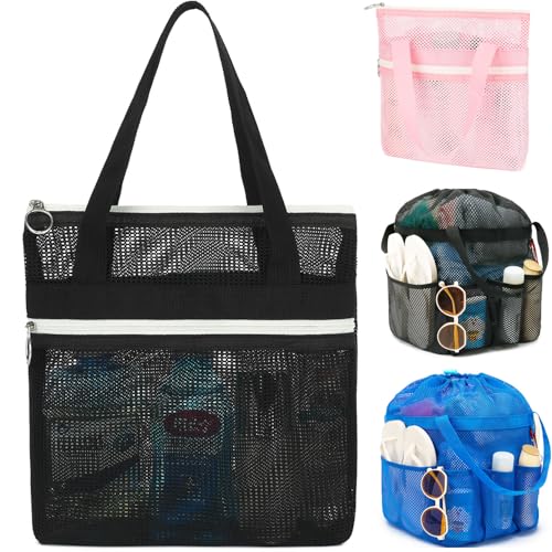 Fammart Mesh Shower Caddy Portable with Zipper & 2 Pockets - Quick Dry Shower Bag Toiletry Tote Hanging for Travel Gym Camp Beach - Organizer Bag Bathroom Essentials for College Dorm - color: Small, Zipper Closure - Black