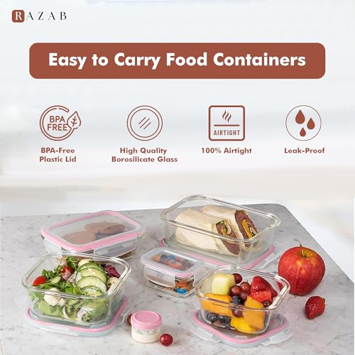 Razab 35 Pc Set Glass Food Storage Containers with Lids - Meal Prep Airtight Bento Boxes BPA-Free 100% Leak Proof (15 lids,15 glass & 5 Plastic Sauce/Dip Containers) - color: Pink